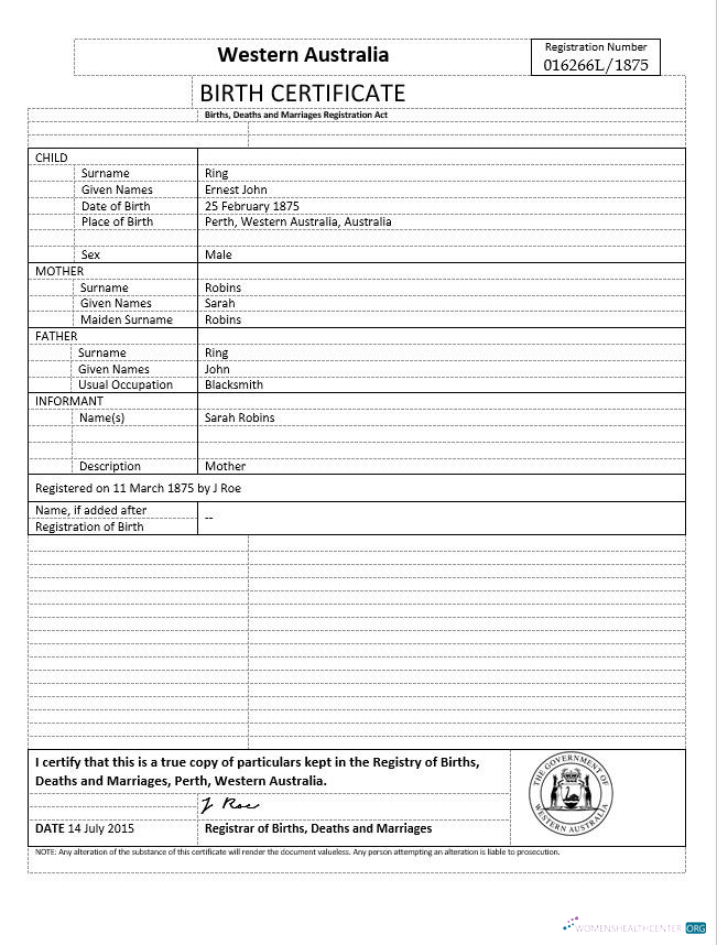 Download Australia Western Australia birth certificate template in Word format, version 2 Photoshop template
